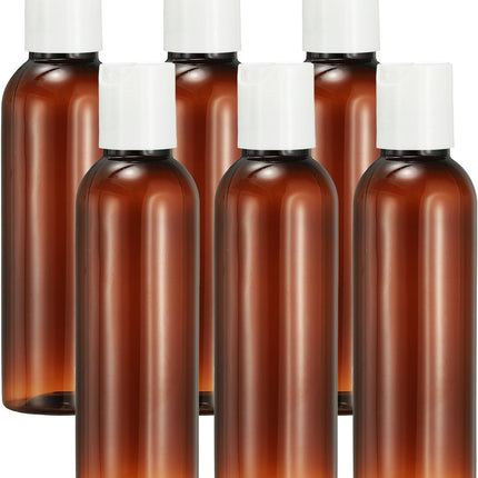 6 Pcs Plastic Travel Bottles, 2 oz Empty Shampoo Bottles with White Disc Top Caps Clear Refillable Travel Squeeze Containers for Lotions Cosmetics Body Soap, Brown.