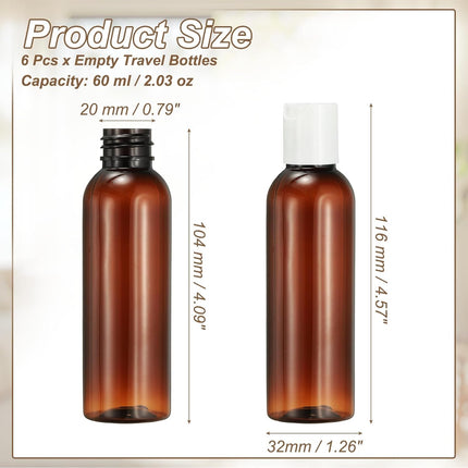 6 Pcs Plastic Travel Bottles, 2 oz Empty Shampoo Bottles with White Disc Top Caps Clear Refillable Travel Squeeze Containers for Lotions Cosmetics Body Soap, Brown.