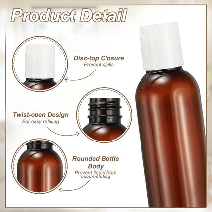 6 Pcs Plastic Travel Bottles, 2 oz Empty Shampoo Bottles with White Disc Top Caps Clear Refillable Travel Squeeze Containers for Lotions Cosmetics Body Soap, Brown.