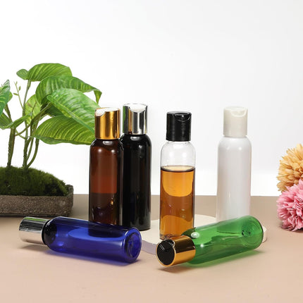 6 Pcs Plastic Travel Bottles, 2 oz Empty Shampoo Bottles with White Disc Top Caps Clear Refillable Travel Squeeze Containers for Lotions Cosmetics Body Soap, Brown.