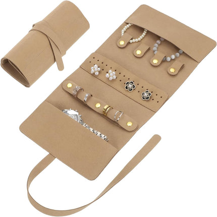 Travel Jewelry Bag Roll, Foldable Jewelry Travel Organizer with Tie Close Microfiber Jewelry Storage Roll Jewelry Case for Women Gift Necklaces Earrings Rings Bracelets, Khaki.