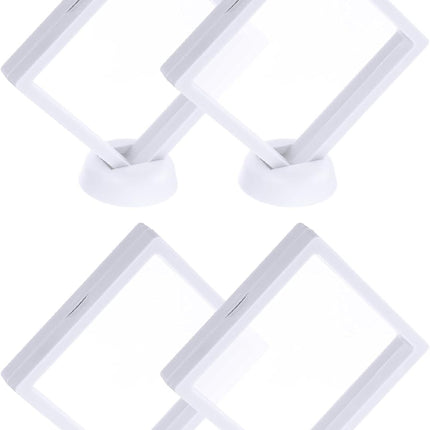 4 Pcs 3D Floating Display Case, 4.33 x 4.33 Inch Floating Frame Display Holder Stand, Transparent PE Jewelry Storage Box, White.