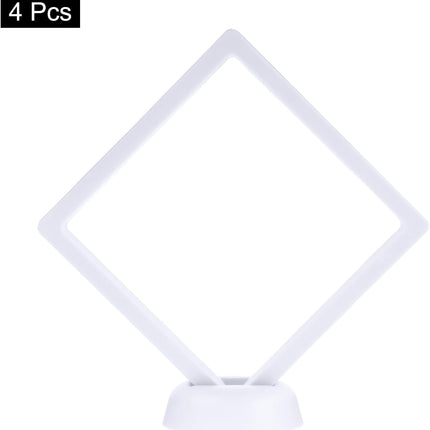 4 Pcs 3D Floating Display Case, 4.33 x 4.33 Inch Floating Frame Display Holder Stand, Transparent PE Jewelry Storage Box, White.