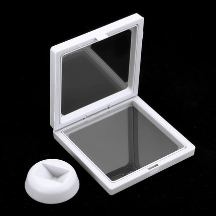 4 Pcs 3D Floating Display Case, 4.33 x 4.33 Inch Floating Frame Display Holder Stand, Transparent PE Jewelry Storage Box, White.