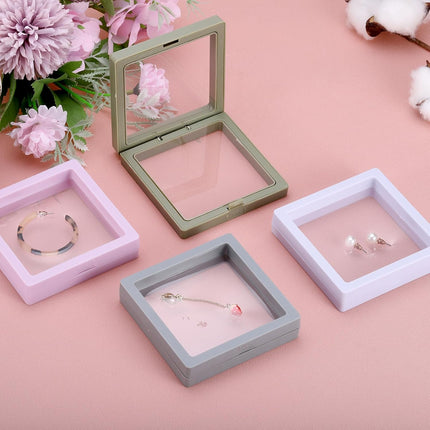 4 Pcs 3D Floating Display Case, 4.33 x 4.33 Inch Floating Frame Display Holder Stand, Transparent PE Jewelry Storage Box, White.