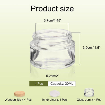 1 Set Round Glass Jars with Wood Lids, 1oz/30g Refillable Cosmetic Containers Glass Makeup Containers for Sample, Cream, Lotion, Powder Clear.