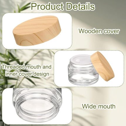1 Set Round Glass Jars with Wood Lids, 1oz/30g Refillable Cosmetic Containers Glass Makeup Containers for Sample, Cream, Lotion, Powder Clear.