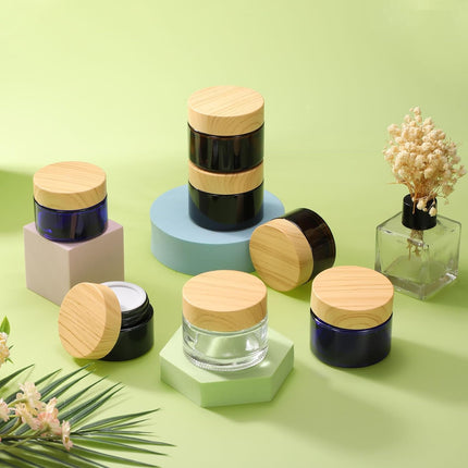 1 Set Round Glass Jars with Wood Lids, 1oz/30g Refillable Cosmetic Containers Glass Makeup Containers for Sample, Cream, Lotion, Powder Clear.