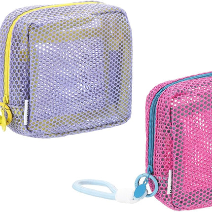 2Pcs Mesh Makeup Bag, 4.7" Portable Mesh Cosmetic Bag with Straps, Cute Mini Travel Toiletry Pouch with Zipper for Travel, Daily Accessories Organizer, Purse, Purple, Rose Red.