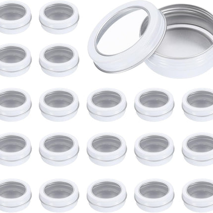 2 Oz Tin Cans, 24 Pcs Aluminum Round Tins, Travel Sized Small Metal Tins Cosmetic Sample Containers with Clear Lid for Lotion Bars Beard Balms Candles, White.