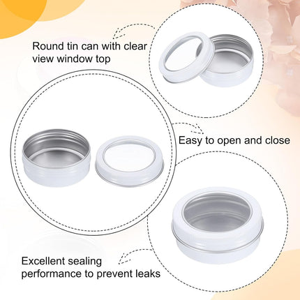 2 Oz Tin Cans, 24 Pcs Aluminum Round Tins, Travel Sized Small Metal Tins Cosmetic Sample Containers with Clear Lid for Lotion Bars Beard Balms Candles, White.