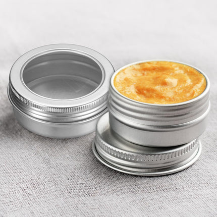 2 Oz Tin Cans, 24 Pcs Aluminum Round Tins, Travel Sized Small Metal Tins Cosmetic Sample Containers with Clear Lid for Lotion Bars Beard Balms Candles, White.