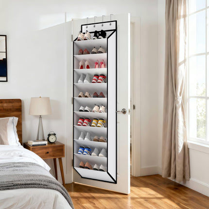 10 Tiers White Over Door Shoe Organizer Storage, Hanging Shoe Holder for Door with Large Deep Pockets, Fit 20-30 Pairs Shoe Rack for Sneakers, Boots. (White).