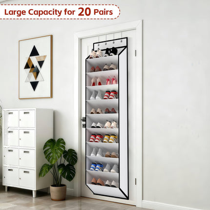 10 Tiers White Over Door Shoe Organizer Storage, Hanging Shoe Holder for Door with Large Deep Pockets, Fit 20-30 Pairs Shoe Rack for Sneakers, Boots. (White).