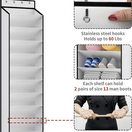 10 Tiers White Over Door Shoe Organizer Storage, Hanging Shoe Holder for Door with Large Deep Pockets, Fit 20-30 Pairs Shoe Rack for Sneakers, Boots. (White).
