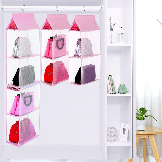 Closet Purse Organizer, Hanging Handbag Organizer with 4 Heavy-Duty Mesh Shelves Closet Purse Storage Bag (Pink).