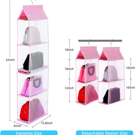 Closet Purse Organizer, Hanging Handbag Organizer with 4 Heavy-Duty Mesh Shelves Closet Purse Storage Bag (Pink).