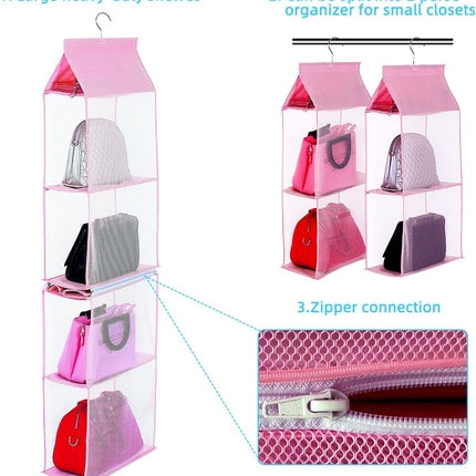 Closet Purse Organizer, Hanging Handbag Organizer with 4 Heavy-Duty Mesh Shelves Closet Purse Storage Bag (Pink).