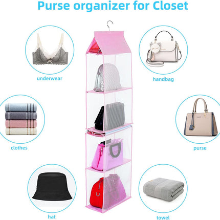Closet Purse Organizer, Hanging Handbag Organizer with 4 Heavy-Duty Mesh Shelves Closet Purse Storage Bag (Pink).