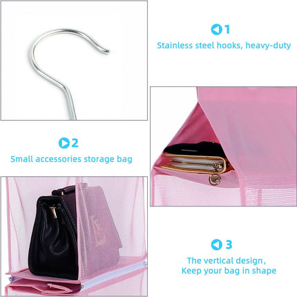 Closet Purse Organizer, Hanging Handbag Organizer with 4 Heavy-Duty Mesh Shelves Closet Purse Storage Bag (Pink).