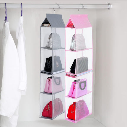 Closet Purse Organizer, Hanging Handbag Organizer with 4 Heavy-Duty Mesh Shelves Closet Purse Storage Bag (Pink).