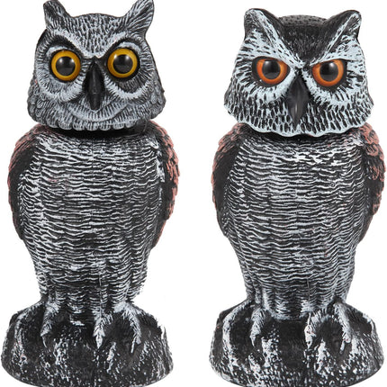 2 Pack Fake Owl Decoys to Scare Birds Away, Rotating Head Bird Deterrents, Nature Enemy Scarecrow Plastic Statues, Pest Repellent for Gardens and Patios.
