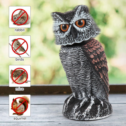 2 Pack Fake Owl Decoys to Scare Birds Away, Rotating Head Bird Deterrents, Nature Enemy Scarecrow Plastic Statues, Pest Repellent for Gardens and Patios.
