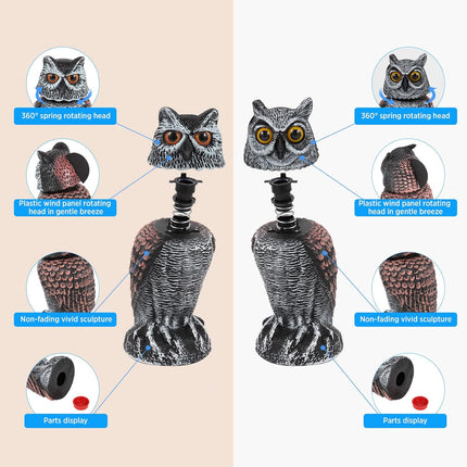 2 Pack Fake Owl Decoys to Scare Birds Away, Rotating Head Bird Deterrents, Nature Enemy Scarecrow Plastic Statues, Pest Repellent for Gardens and Patios.