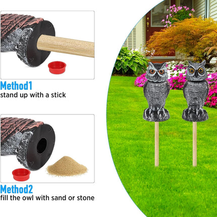 2 Pack Fake Owl Decoys to Scare Birds Away, Rotating Head Bird Deterrents, Nature Enemy Scarecrow Plastic Statues, Pest Repellent for Gardens and Patios.