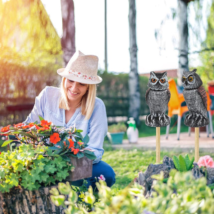 2 Pack Fake Owl Decoys to Scare Birds Away, Rotating Head Bird Deterrents, Nature Enemy Scarecrow Plastic Statues, Pest Repellent for Gardens and Patios.