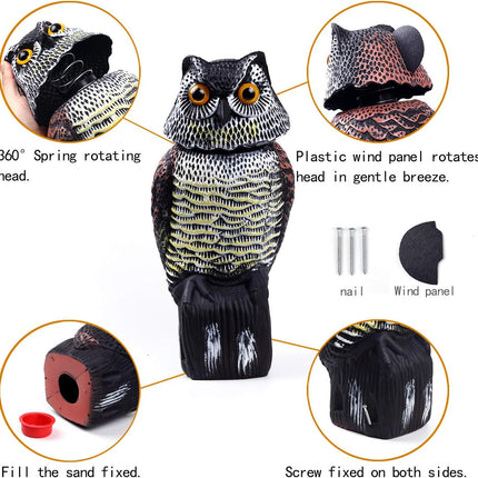 Owl Decoys to Scare Birds Away with Rotating Head,Natural Enemy Bird Deterrent Realistic Eyes & Waterproof Shape Fake Owl Scarecrow Bird Control.