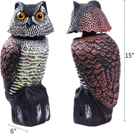 Owl Decoys to Scare Birds Away with Rotating Head,Natural Enemy Bird Deterrent Realistic Eyes & Waterproof Shape Fake Owl Scarecrow Bird Control.