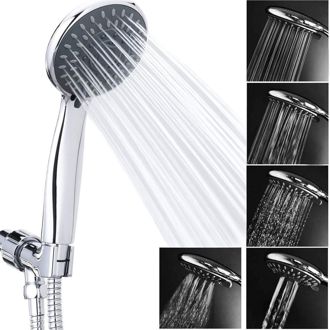 High Pressure Handheld Shower Head  5-Settings Powerful Water Spray Shower Head against Low Pressure Water Flow with Stainless Hose and Adjustable Mount.