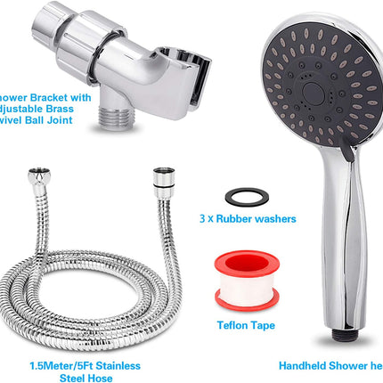 High Pressure Handheld Shower Head  5-Settings Powerful Water Spray Shower Head against Low Pressure Water Flow with Stainless Hose and Adjustable Mount.