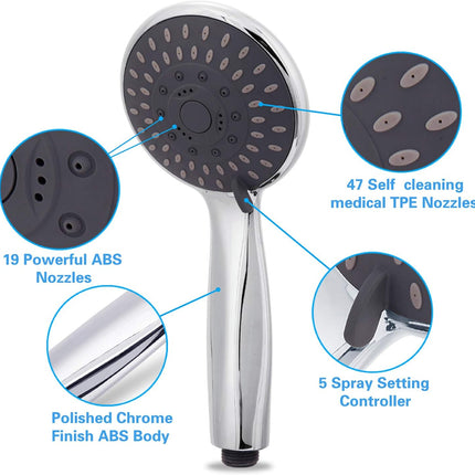 High Pressure Handheld Shower Head  5-Settings Powerful Water Spray Shower Head against Low Pressure Water Flow with Stainless Hose and Adjustable Mount.