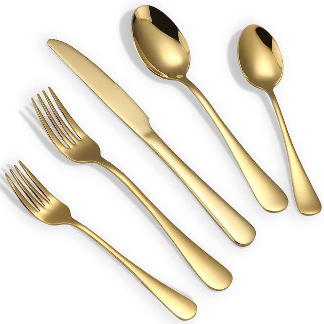 Gold Silverware Set, 20 Piece Golden Cutlery Set Service for 4, Stainless Steel Flatware Set Include Spoons Forks Knives Tableware Utensil Set for Kitchen Home Restaurant, Shiny Gold Polished.
