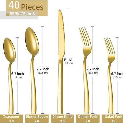 Gold Silverware Set,  40 Piece Stainless Steel Flatware Cutlery Set Service for 8 Luxury Square Tableware Thick Knife Fork Spoon for Home Kitchen Restaurant Wedding, Mirror Polished.