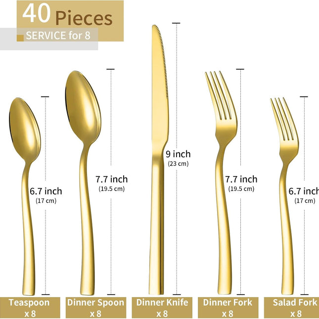 Gold Silverware Set,  40 Piece Stainless Steel Flatware Cutlery Set Service for 8 Luxury Square Tableware Thick Knife Fork Spoon for Home Kitchen Restaurant Wedding, Mirror Polished.