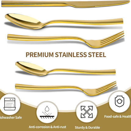Gold Silverware Set,  40 Piece Stainless Steel Flatware Cutlery Set Service for 8 Luxury Square Tableware Thick Knife Fork Spoon for Home Kitchen Restaurant Wedding, Mirror Polished.