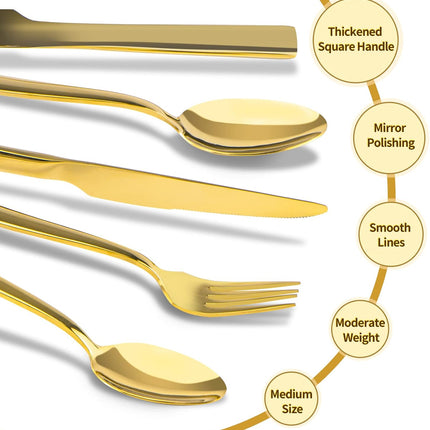 Gold Silverware Set,  40 Piece Stainless Steel Flatware Cutlery Set Service for 8 Luxury Square Tableware Thick Knife Fork Spoon for Home Kitchen Restaurant Wedding, Mirror Polished.
