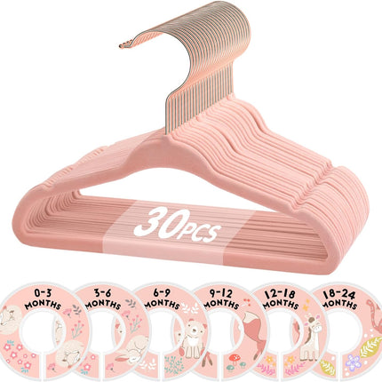 Baby Hangers, 11 Inch Velvet Kids Hangers with 6 Pcs Clothes Size Dividers, Infant Toddler Nursery Closet Organization, Non Slip, Pink, 30 Pcs.