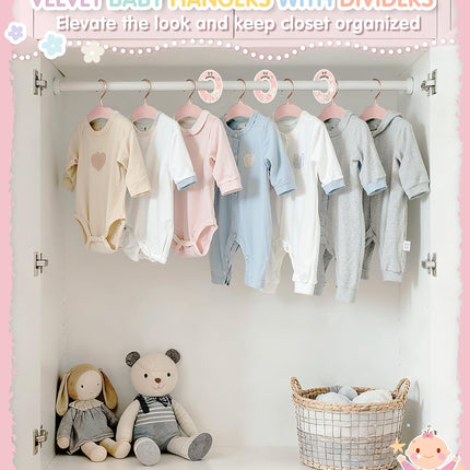 Baby Hangers, 11 Inch Velvet Kids Hangers with 6 Pcs Clothes Size Dividers, Infant Toddler Nursery Closet Organization, Non Slip, Pink, 30 Pcs.
