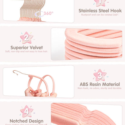 Baby Hangers, 11 Inch Velvet Kids Hangers with 6 Pcs Clothes Size Dividers, Infant Toddler Nursery Closet Organization, Non Slip, Pink, 30 Pcs.
