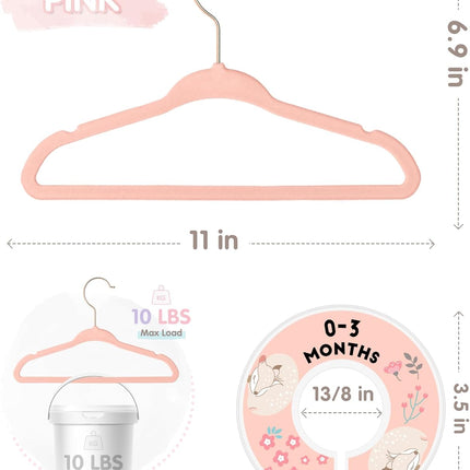 Baby Hangers, 11 Inch Velvet Kids Hangers with 6 Pcs Clothes Size Dividers, Infant Toddler Nursery Closet Organization, Non Slip, Pink, 30 Pcs.