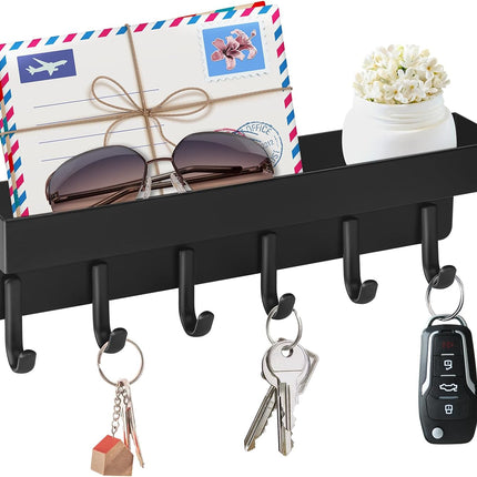 Magnetic Key Holder Wall Mount, Compact Metal Key Rack with Tray, 6 Hooks, 2 Mount Options, Black.