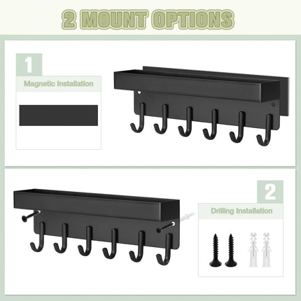 Magnetic Key Holder Wall Mount, Compact Metal Key Rack with Tray, 6 Hooks, 2 Mount Options, Black.