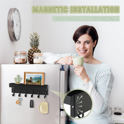 Magnetic Key Holder Wall Mount, Compact Metal Key Rack with Tray, 6 Hooks, 2 Mount Options, Black.