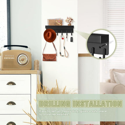 Magnetic Key Holder Wall Mount, Compact Metal Key Rack with Tray, 6 Hooks, 2 Mount Options, Black.