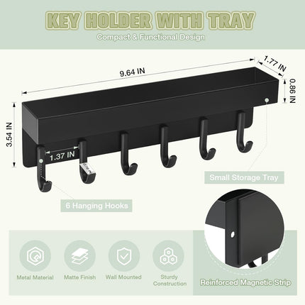 Magnetic Key Holder Wall Mount, Compact Metal Key Rack with Tray, 6 Hooks, 2 Mount Options, Black.