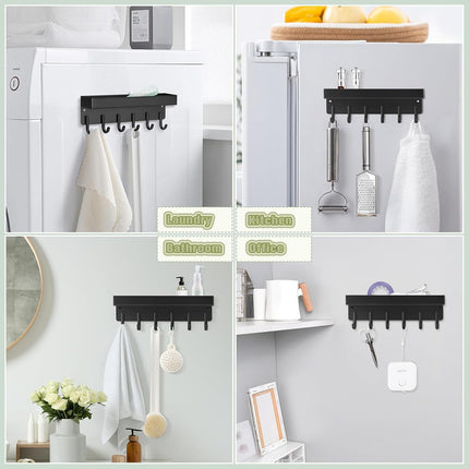 Magnetic Key Holder Wall Mount, Compact Metal Key Rack with Tray, 6 Hooks, 2 Mount Options, Black.